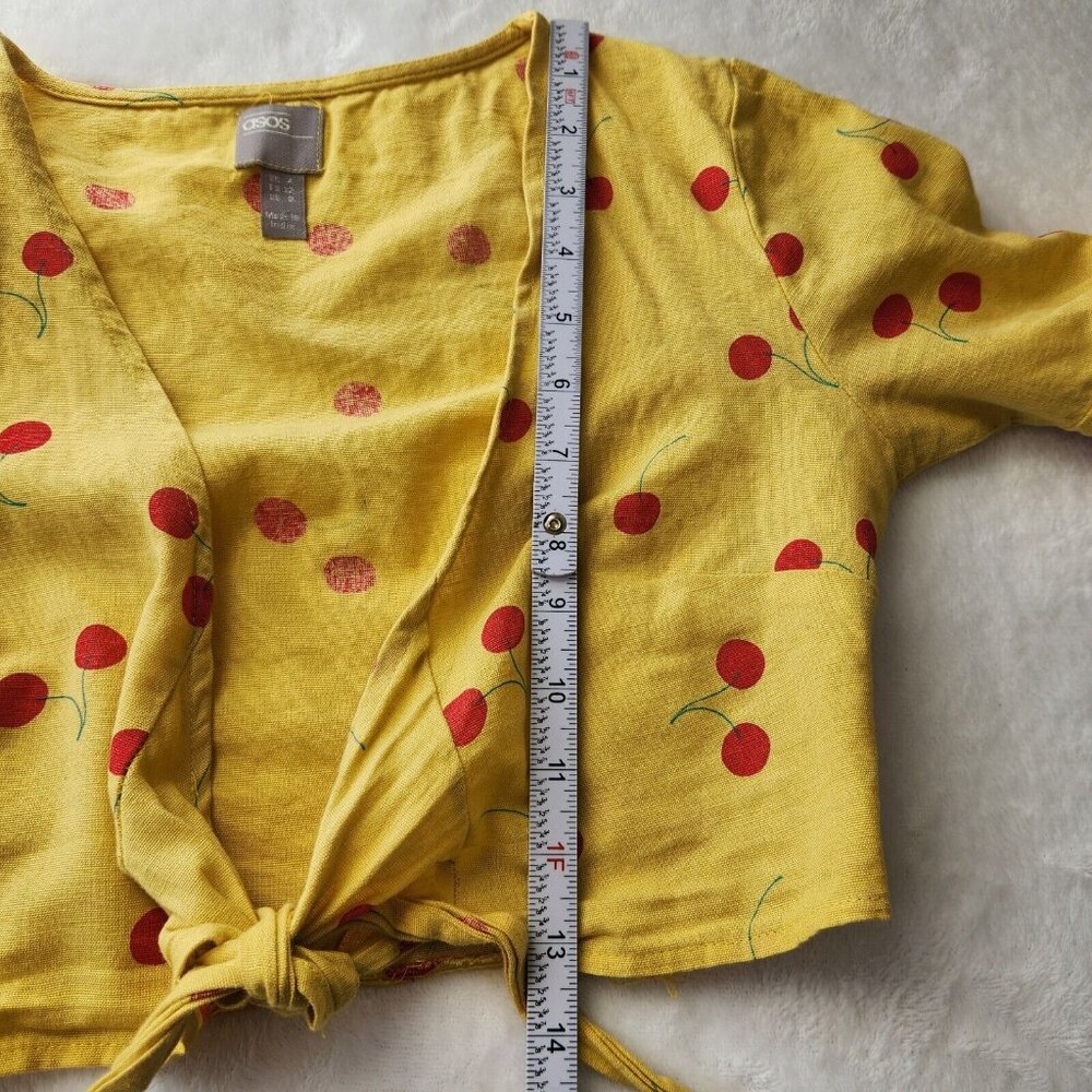 ASOS Cherry Linen Two Piece Set Size 0 Yellow Red Crop Top Shorts Ruffle Boho - Picture 14 of 16